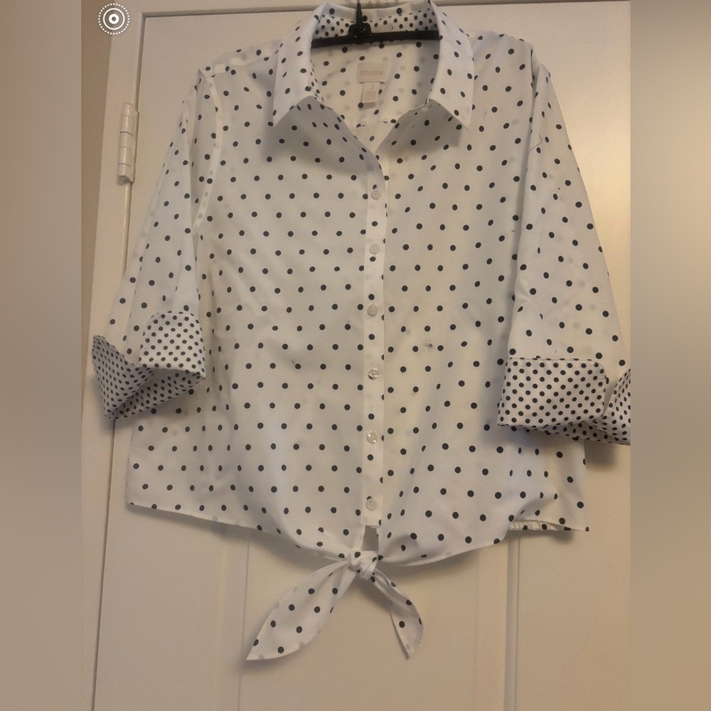 Chico’s white shirt with black polkadots
